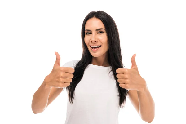 Young happy woman showing thumbs up isolated on white — Stock Photo