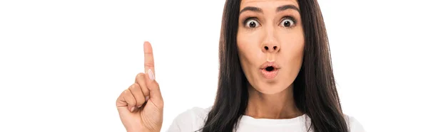 Панорамний знімок емоційної жінки, що вказує пальцем ізольовано на білому — стокове фото