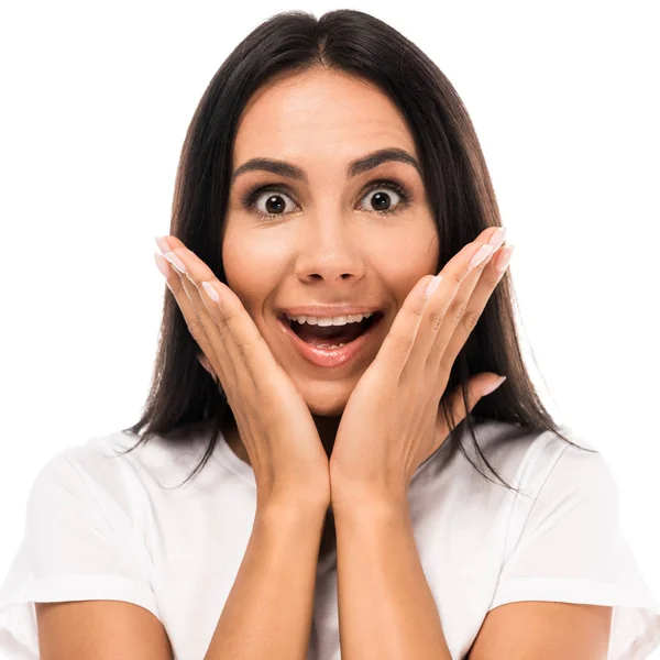 Attractive and excited woman looking at camera isolated on white — Stock Photo