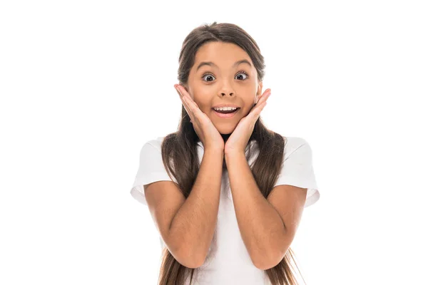 Glückliches Kind berührt Gesicht isoliert auf weiß — Stockfoto
