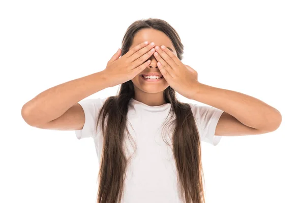 Happy kid covering eyes isolated on white — Stock Photo