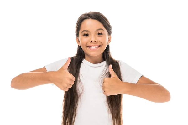 Glückliches Kind zeigt Daumen nach oben isoliert auf weiß — Stockfoto