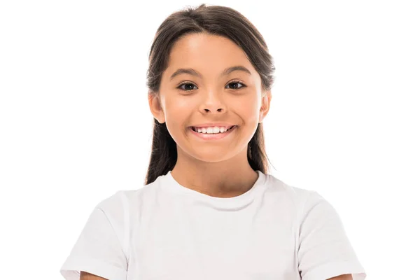 Cheerful and cute kid smiling isolated on white — Stock Photo