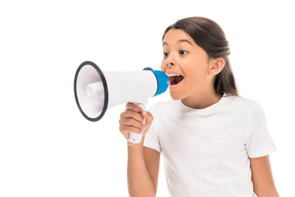 Cute kid screaming in megaphone isolated on white — Stock Photo