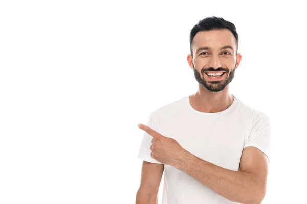 Positiver Mann, der mit dem Finger auf Weiß zeigt — Stockfoto