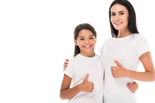 Happy mother and kid showing thumbs up isolated on white — Stock Photo