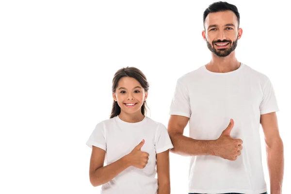 Happy father and daughter showing thumbs up isolate don white — Stock Photo