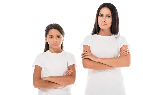 Displeased mother and kid with crossed arms isolated on white — Stock Photo