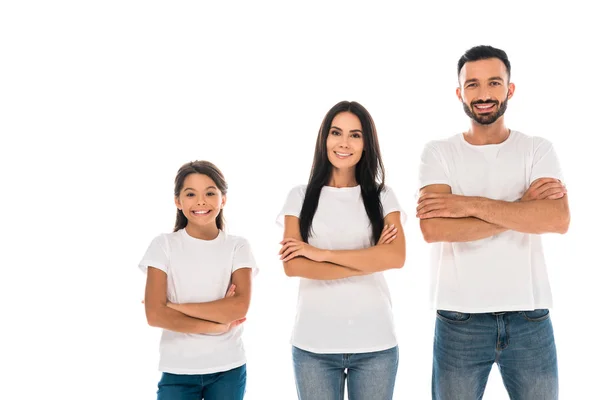 Happy parents and kid standing with crossed arms isolated on white — Stock Photo