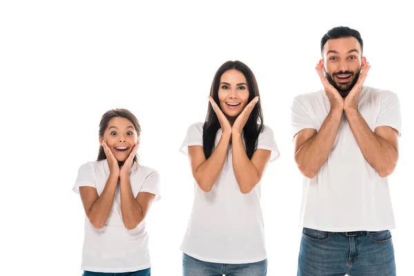 Excited parents and kid looking at camera isolated on white — Stock Photo