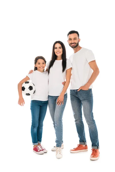 Happy family standing with football isolated on white — Stock Photo