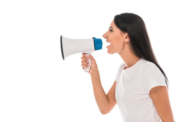 Side view of angry woman screaming in megaphone isolated on white — Stock Photo