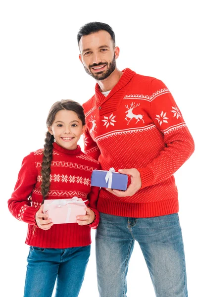 Happy father and daughter holding christmas presents isolated on white — Stock Photo