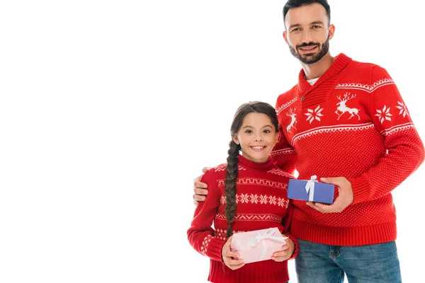 Happy father and cheerful daughter holding christmas presents isolated on white — Stock Photo