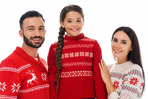 Positive Familie in Weihnachtspullis lächelt vereinzelt auf weißem Grund — Stockfoto