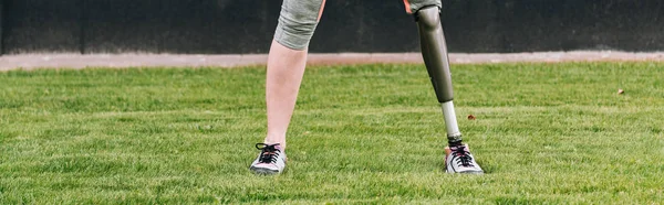 Tiro panorâmico de esportista com deficiência em pé na grama — Fotografia de Stock