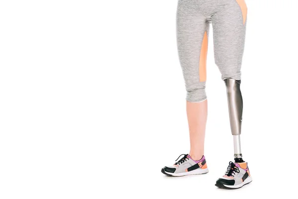 Cropped view of disabled sportswoman with prosthesis isolated on white — Stock Photo