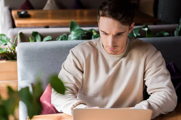 Foco seletivo de homem bonito usando laptop no restaurante — Fotografia de Stock