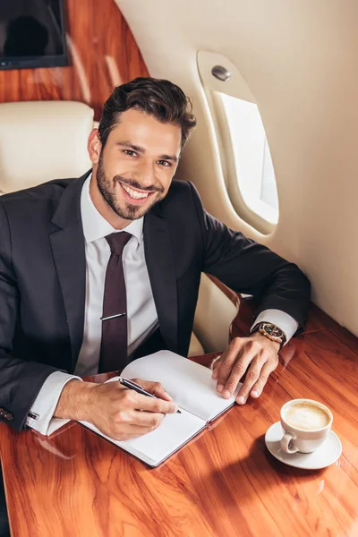 Sonriente hombre de negocios en traje mirando a la cámara y sosteniendo la pluma en avión privado - foto de stock