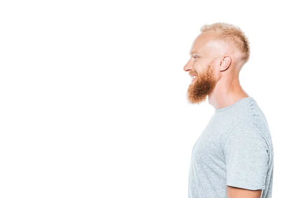 Portrait de profil d'homme beau et gai en t-shirt gris, isolé sur blanc — Photo de stock