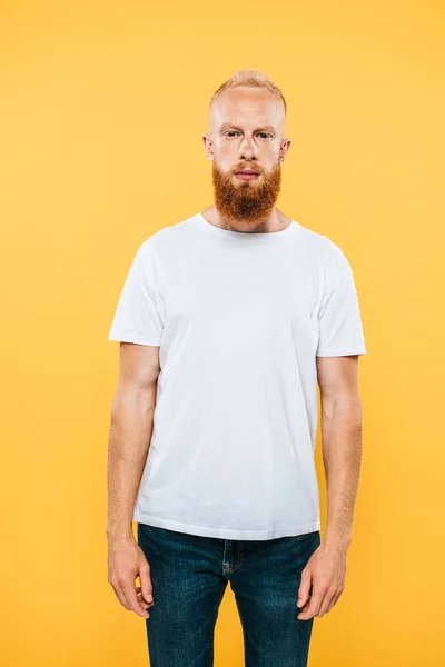 Portrait of serious handsome bearded man, isolated on yellow — Stock Photo