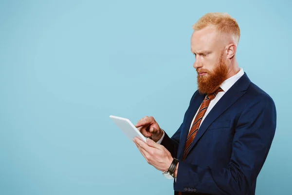 Hombre de negocios barbudo serio en traje usando tableta digital, aislado en azul — Stock Photo