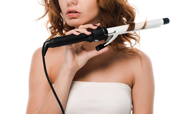 Vista cortada de cabelo de frisar mulher isolado em branco — Fotografia de Stock