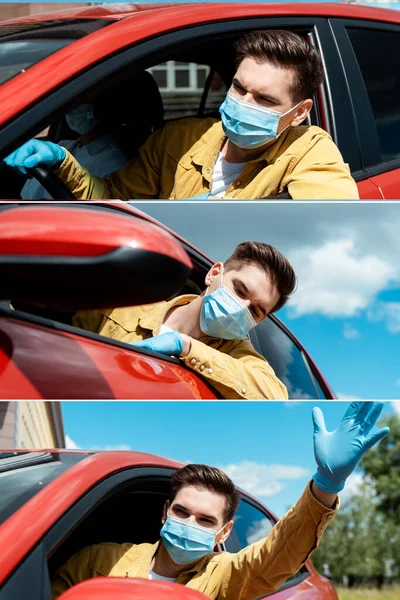 Collage with man in medical mask and protective gloves driving taxi during covid-19 pandemic — Stock Photo