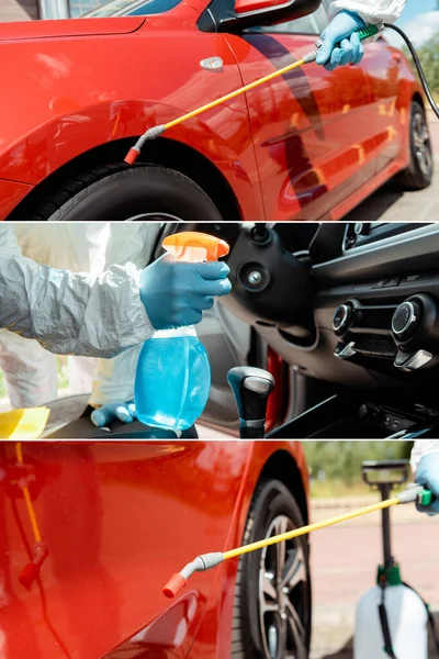Collage with specialist in hazmat suit cleaning car with disinfectant spray during coronavirus pandemic — Stock Photo