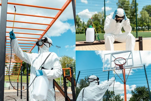 Collage con especialista estresado en traje de materiales peligrosos y respirador desinfectando cancha deportiva y cancha de baloncesto durante pandemia covid-19 - foto de stock