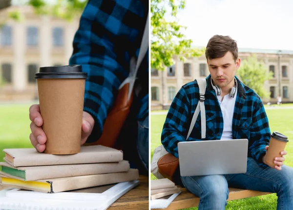 Collage d'un bel étudiant utilisant un ordinateur portable et tenant des tasses en papier près des livres, concept d'étude en ligne — Photo de stock