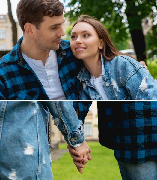 Collage de feliz joven pareja de estudiantes mirándose y tomándose de la mano - foto de stock