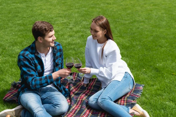 Alegre pareja tintineo vasos con vino tinto mientras está sentado en manta a cuadros - foto de stock