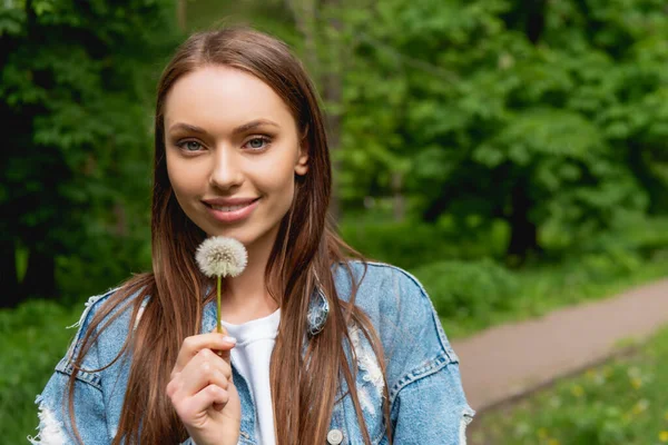 Веселая девушка держит одуванчик и смотрит в камеру — стоковое фото