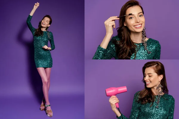 Collage of happy girl styling eyebrow, holding hair dryer and standing on purple — Stock Photo