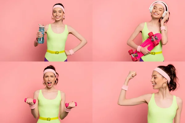 Collage de deportista emocional haciendo ejercicio con mancuernas, sosteniendo botella de deportes y tablero de penique en rosa - foto de stock