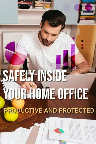 Selektive Fokussierung schöner Freiberufler mit Laptop und Schreiben auf Papier in der Nähe von Früchten auf dem Tisch, Illustration im Home Office — Stockfoto