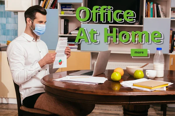 Freelancer em máscara médica, camisa e calcinha segurando documento ao ter chat de vídeo no laptop perto do café da manhã na mesa, escritório em casa ilustração — Fotografia de Stock