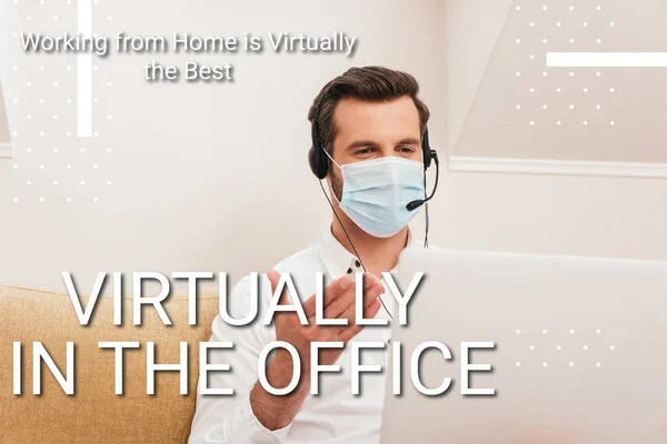 Selective focus of freelancer in medical mask using headset while having video call on laptop at home, virtually in office illustration — Stock Photo