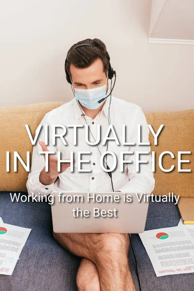 Freelancer in medical mask, panties and shirt using headset during video call on laptop at home, virtually in office illustration — Stock Photo
