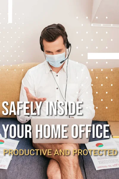 Freelancer in medical mask, panties and shirt using headset during video call on laptop, safely inside your home office illustration — Stock Photo