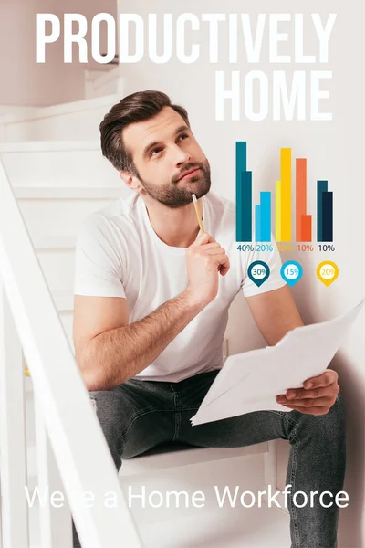 Dreamy teleworker looking away while holding papers and pencil on stairs, productively home illustration — Stock Photo