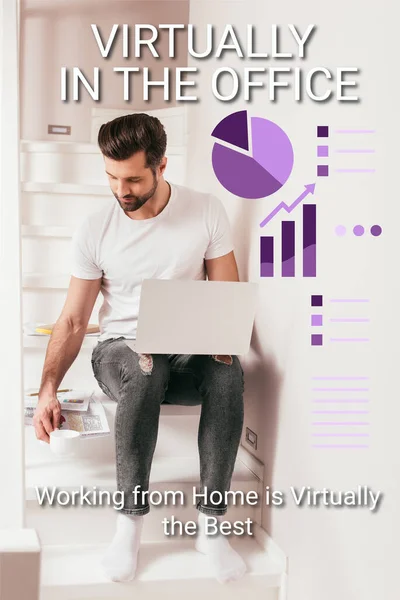 Teleworker holding coffee cup near papers and laptop on staircase, charts and graphs illustration — Stock Photo