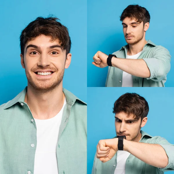 Collage of happy man looking at camera and displeased man looking at wristwatch on blue — Stock Photo