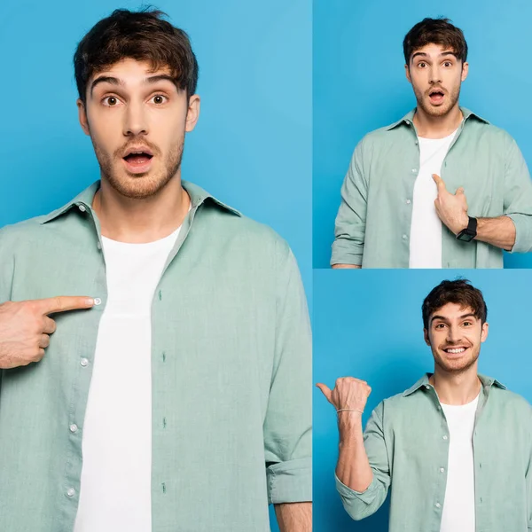 Collage of emotional young man pointing with finger while looking at camera on blue — Stock Photo