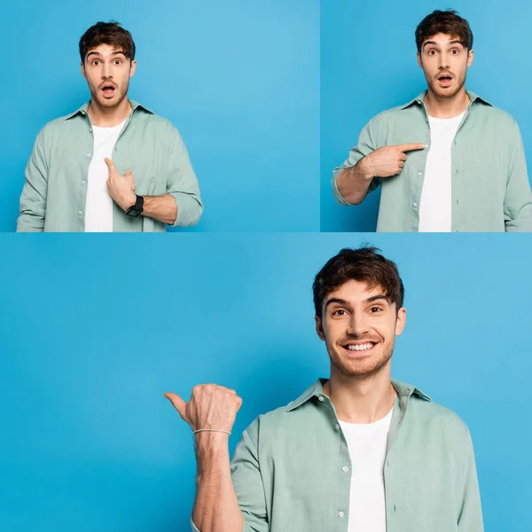 Collage of emotional young man pointing with finger and looking at camera on blue — Stock Photo