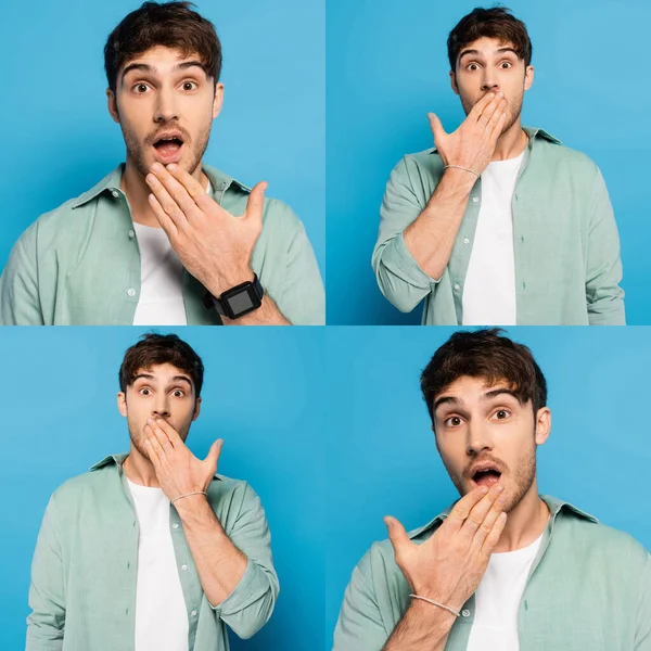Collage of shocked young man covering mouth with hand while looking at camera on blue — Stock Photo