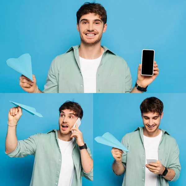 Colagem de homem jovem usando smartphone e segurando avião de papel em azul — Fotografia de Stock