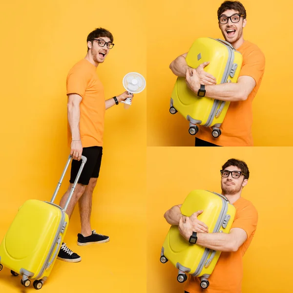 Collage di uomo felice con borsa da viaggio e ventilatore elettrico su giallo — Foto stock