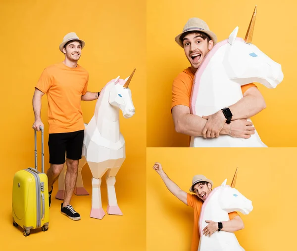 Collage de l'homme heureux avec sac à provisions près modèle capricorne sur jaune — Photo de stock